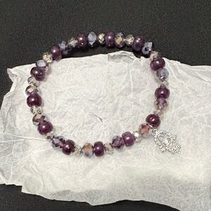 Avon Purple Beaded Stretch Bracelet with Hamsa Charm